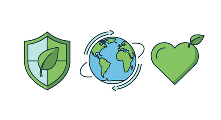Earth Protection Icons: Shield Globe and Heart with Leaf.