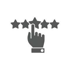 Hand touching star for five star rating on white background review