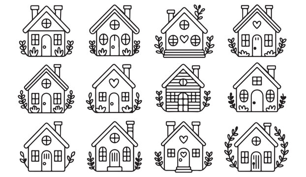 Cozy Hand Drawn Home Collection &ndash; Decorative Houses with Flowers and Heart Details