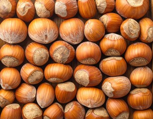 A close-up overhead view of hazelnuts in their shells, neatly arranged