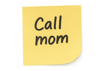 Yellow sticky note showing handwritten call mom reminder, important family message, transparent background
