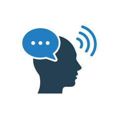 Human head silhouette with speech bubble and signal waves icon blue and dark blue profile face