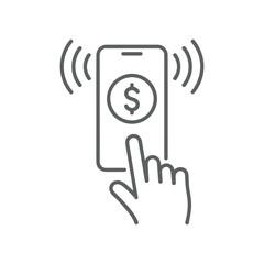 Outline icon of a hand touching a smartphone with a dollar sign and signal waves finger