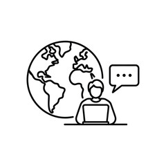 Outline icon of a person using a laptop with a globe and speech bubble silhouette