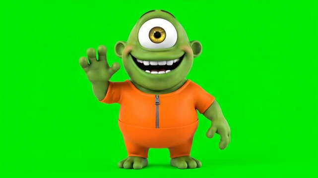 Cute Green Cyclops Monster Character Waving Hello on Green Screen Background.