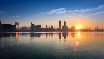 Fototapeta premium city skyline at sunrise over calm water