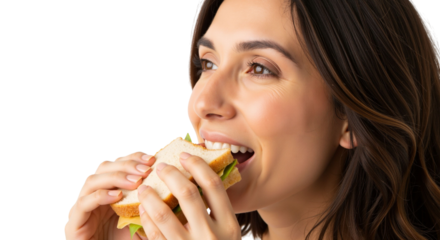 Smiling woman enjoying a fresh sandwich on a clean white backdrop
