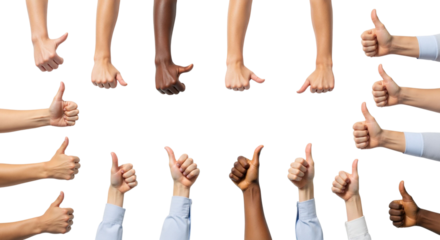 Diverse hands showing approval isolated on white backdrop celebrating success