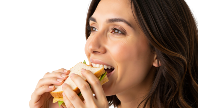 Smiling woman enjoying a fresh sandwich on a clean white backdrop - Powered by Adobe