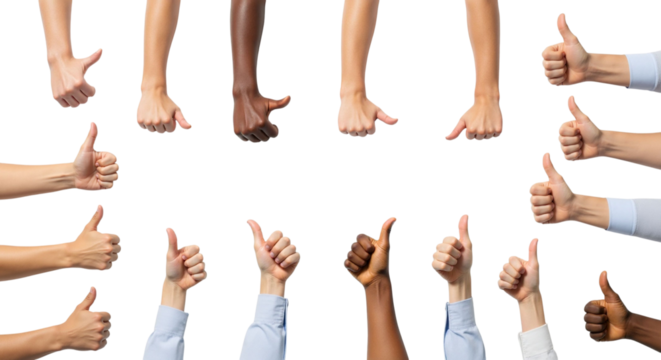 Diverse hands showing approval isolated on white backdrop celebrating success