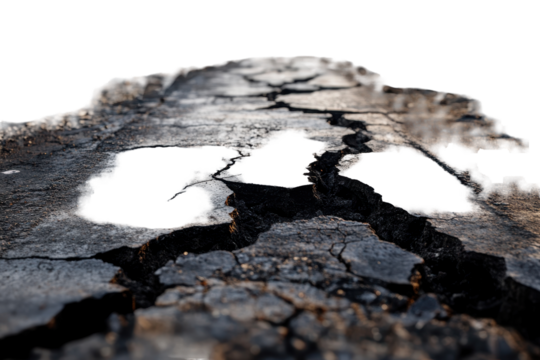Cracked road reveals dramatic landscape and conveys the impact of time on natural elements and infrastructure