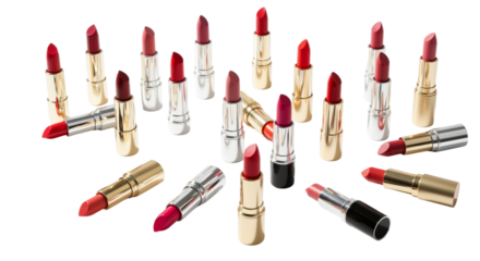 Collection of stylish lipsticks in varying shades scattered on white backdrop