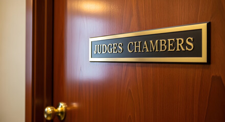 A formal brass plaque reading 'Judges Chambers' mounted on a polished wooden office door.