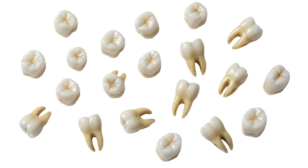 Scattered wisdom teeth extraction concept on bright white background studio shot