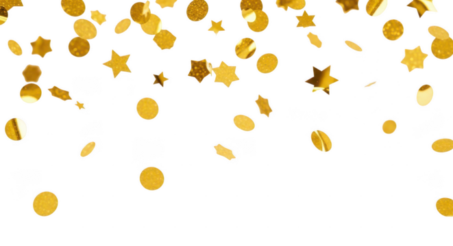 Golden confetti stars and circles falling down isolated illuustration on transparent background