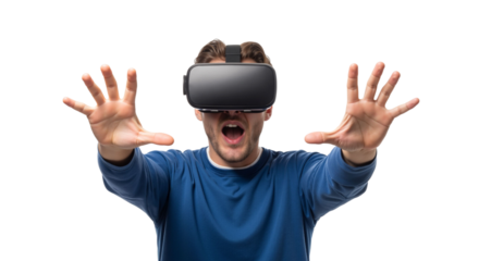 Excited man experiencing virtual reality headset simulation on isolated backdrop