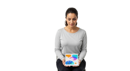 Woman using digital tablet for educational apps on a white background