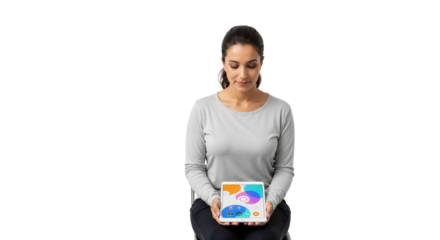 Woman using digital tablet for educational apps on a white background