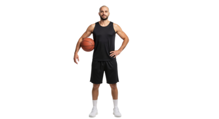 Full body portrait of a basketball player standing confidently holding ball