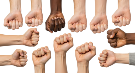 Diverse group showing unity and resistance with clenched raised fists concept