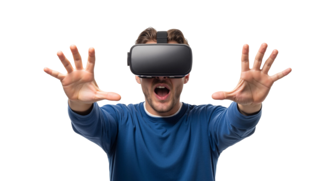 Excited man experiencing virtual reality headset simulation on isolated backdrop