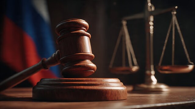 Wooden gavel sitting on a block next to scales of justice, representing the judicial system and legal decisions. The flag is displayed in the background, signifying the concept of law and order