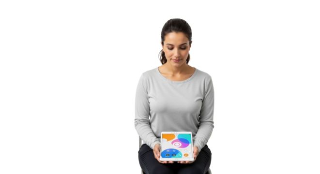 Woman using digital tablet for educational apps on a white background