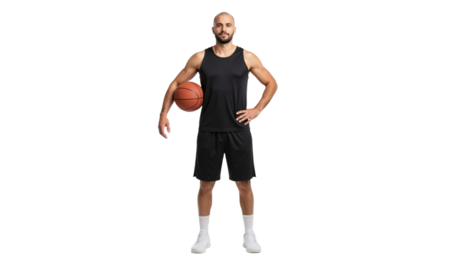 Full body portrait of a basketball player standing confidently holding ball