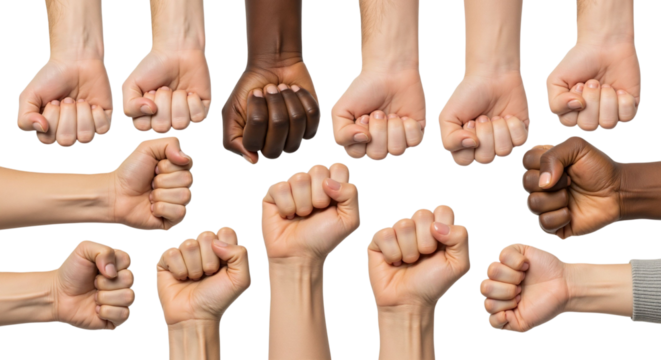 Diverse group showing unity and resistance with clenched raised fists concept - Powered by Adobe