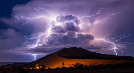 Lightning storm over desert landscape with saguaro cacti and a large cloud formation above it all