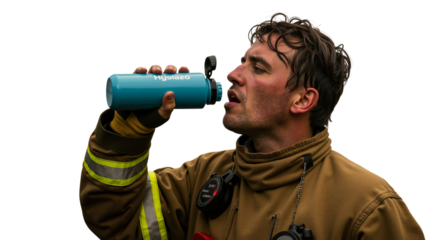Exhausted firefighter refreshing himself drinking water from blue bottle
