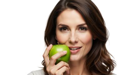 A beautiful woman promotes healthy eating habits with a green apple smile