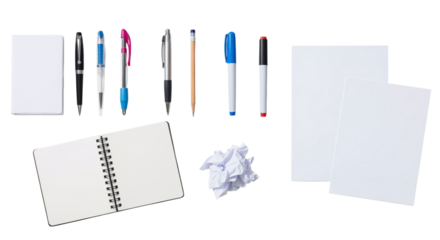 Workspace organization featuring stationery items with notebook on white background