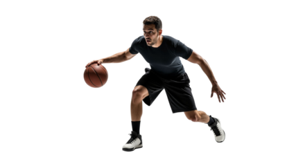 Dynamic basketball player dribbling with determined focus on white backdrop