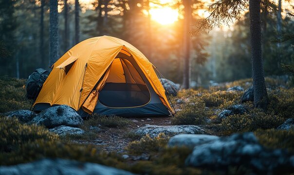 Yellow tent illuminated by golden sun flare in a tranquil wild forest setting among pine trees and rocks, symbolizing outdoor adventure, travel, and camping lifestyle.