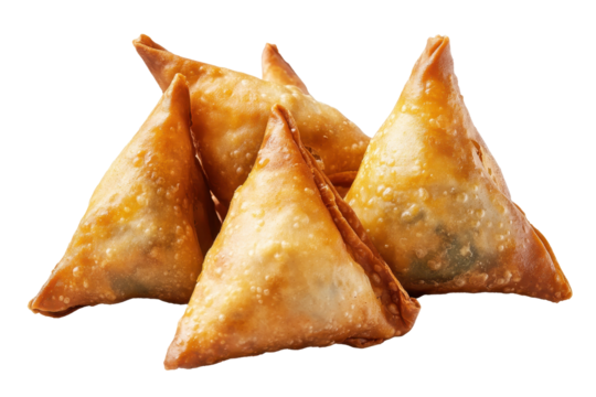Crispy samosas arranged together showcasing a delightful golden brown color and unique triangular shape on a transparent background