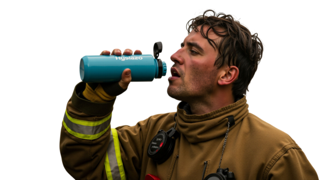 Exhausted firefighter refreshing himself drinking water from blue bottle