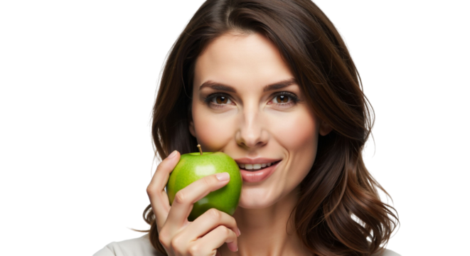 A beautiful woman promotes healthy eating habits with a green apple smile - Powered by Adobe