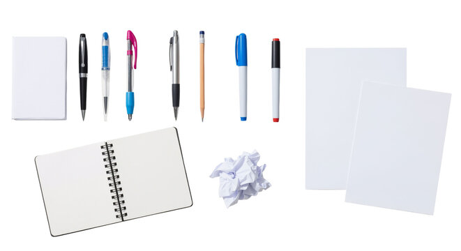 Workspace organization featuring stationery items with notebook on white background
