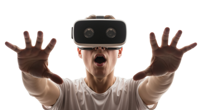 Young Man Immersed in Virtual Reality Experience with Shocked Expression