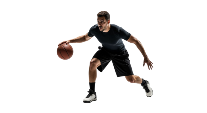 Dynamic basketball player dribbling with determined focus on white backdrop