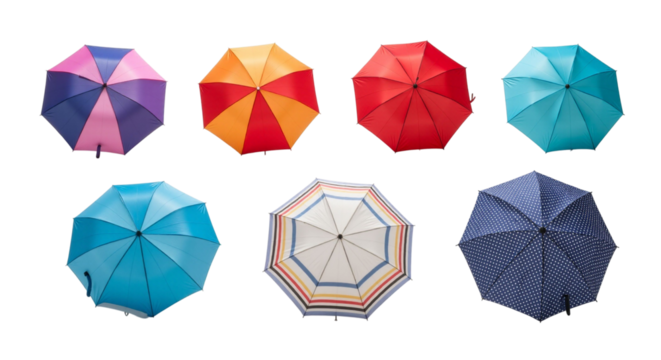Vibrant collection of open umbrellas in varying colors and patterns Isolated