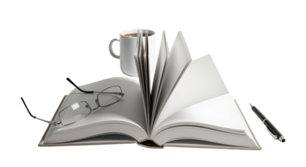 Open book with glasses, pen, and coffee ready for insightful reading