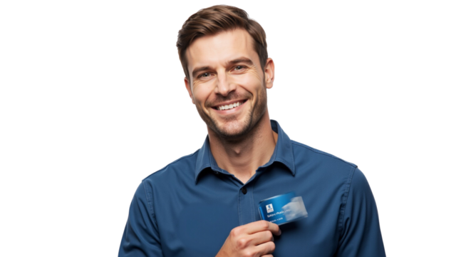 Smiling man presents sleek company card against a clean backdrop image