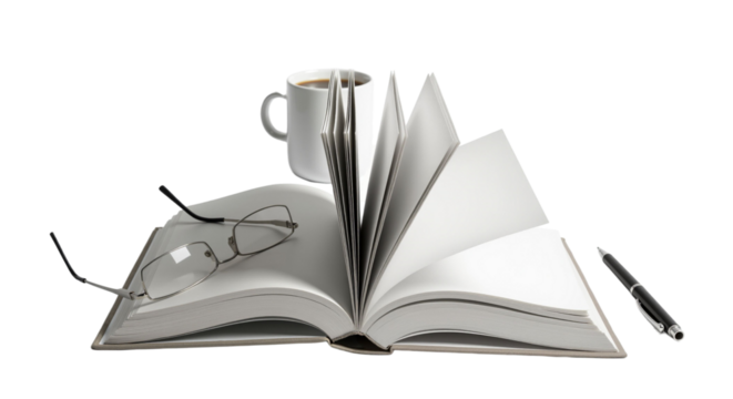 Open book with glasses, pen, and coffee ready for insightful reading - Powered by Adobe