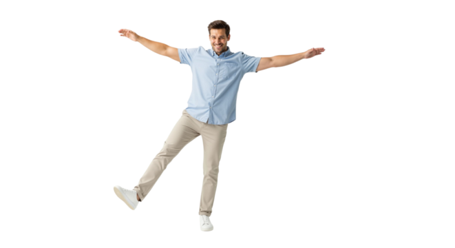 Cheerful man strikes a playful balance, projecting carefree spirit