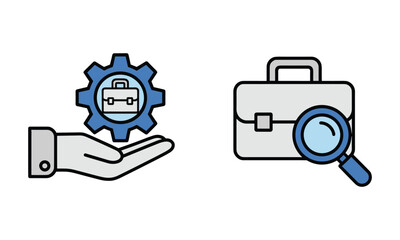 Two flat design icons showing a hand holding a gear with a briefcase and a briefcase with a magnifying glass