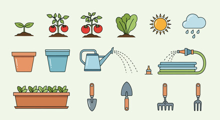 Collection of Gardening Icons Illustrating Plant Growth and Care. © Jambu