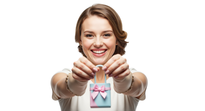 Joyful woman presenting miniature gift bag with a bow for celebratory occasions