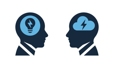 Two silhouetted heads facing each other with icons representing ideas and problems in their minds on a white background
